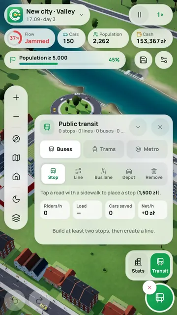 The public transport panel with buses, trams and metro, stops, lines and bus lanes